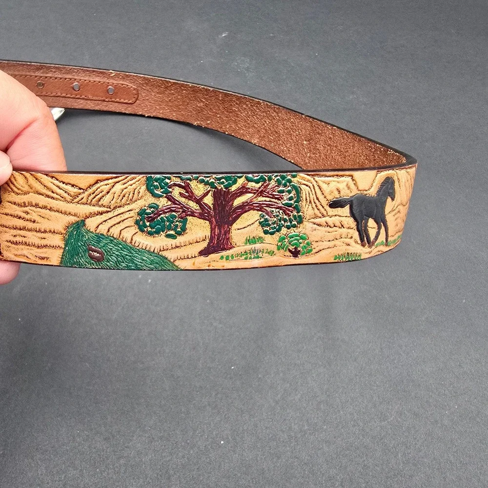 Nocona Belt Co Kids Western Tooled Leather Horse Scene Belt Buckle N4414002-28